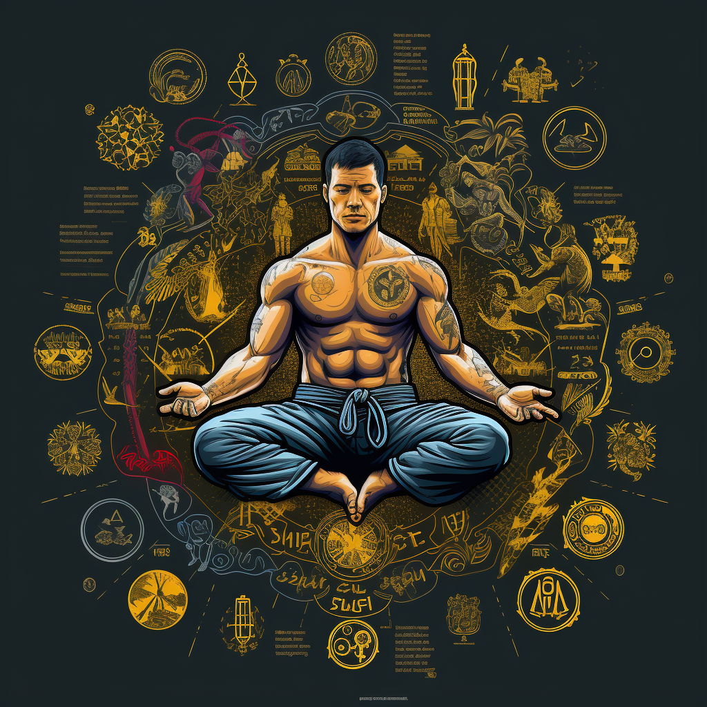 An image of a man in gi pants meditating surrounded by jiu jitsu symbols