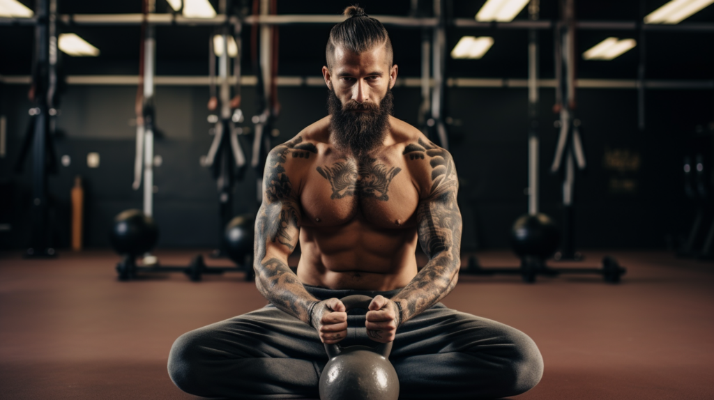 A man in gi pants holding a kettlebell
