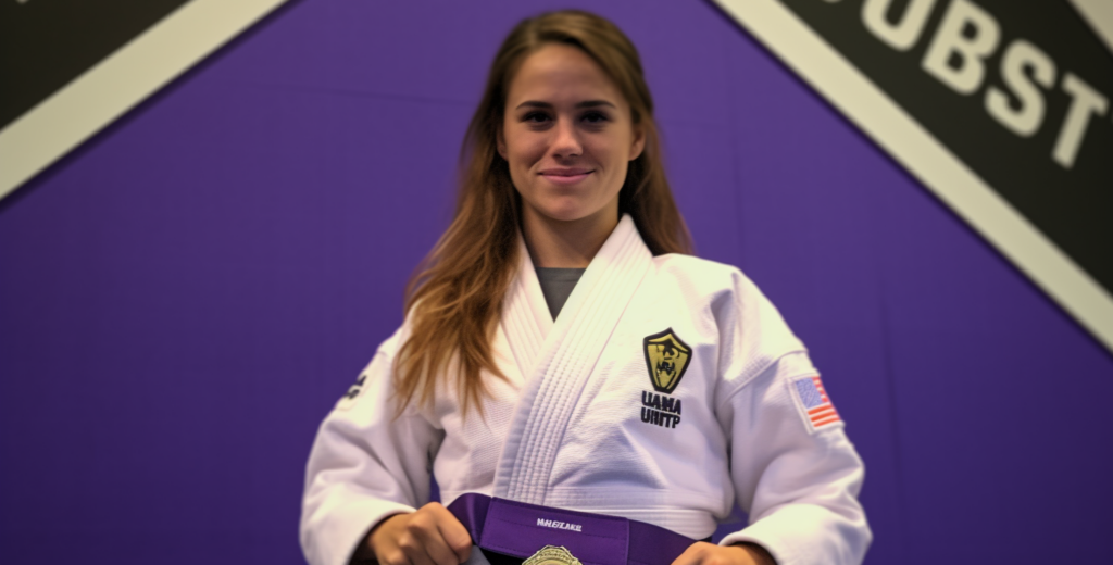 a purple belt girl holding a medal