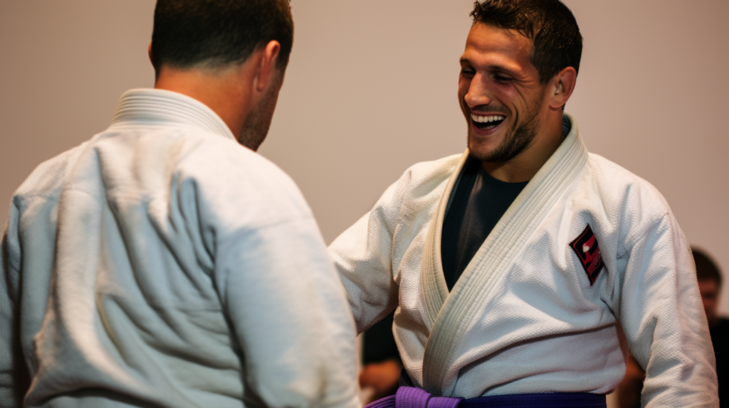 an image of a man being promoted to purple belt