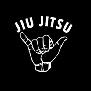 The shaka sign with "jiu jitsu" written above it