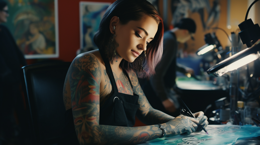 A tattoo artist working in a studio