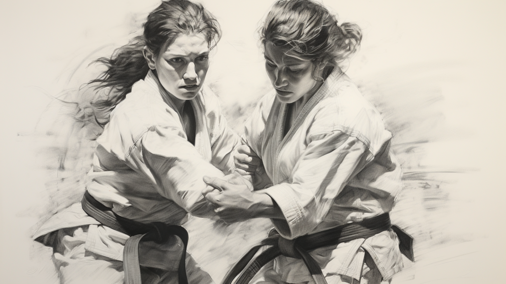 a pencil drawing of two female grapplers