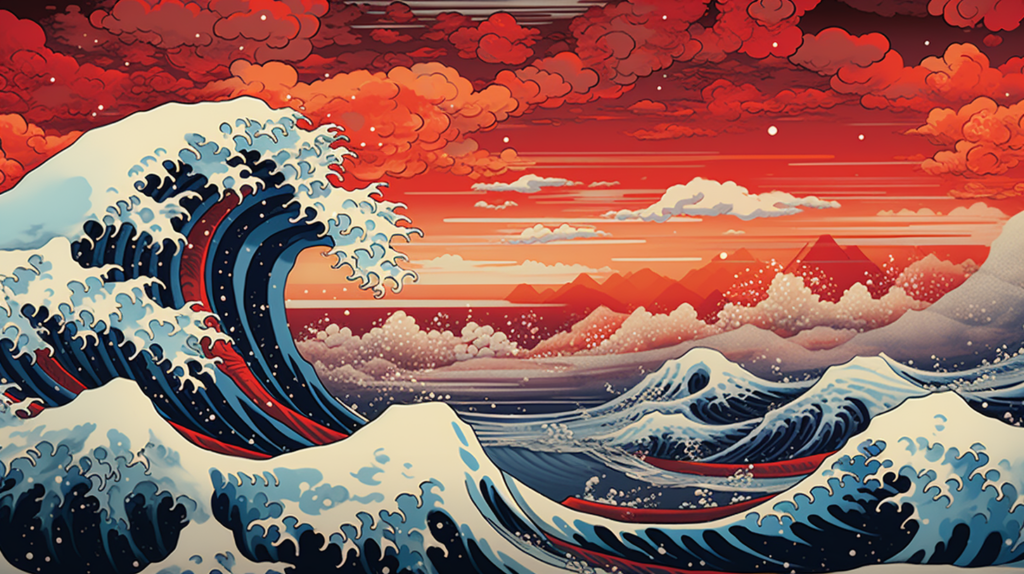 a Ukiyo e style painting of the ocean