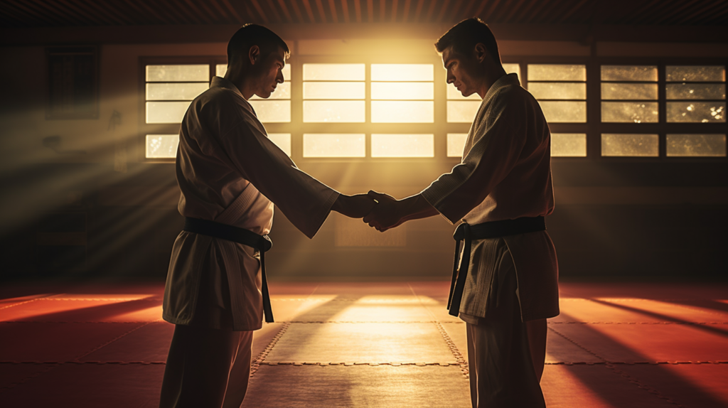 A BJJ practitioner and a Ju Jutsu practitioner shaking hands