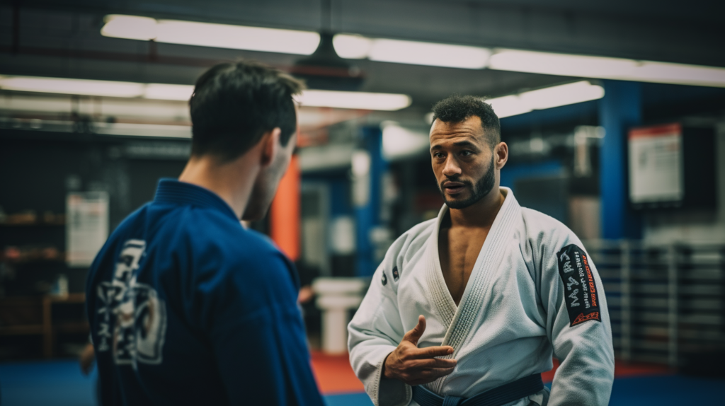 a black belt instructor having a conversation with a student