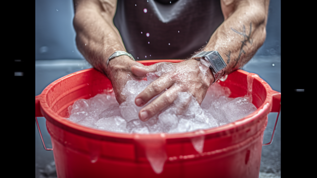 An athlete with his hands in a bucket of ice