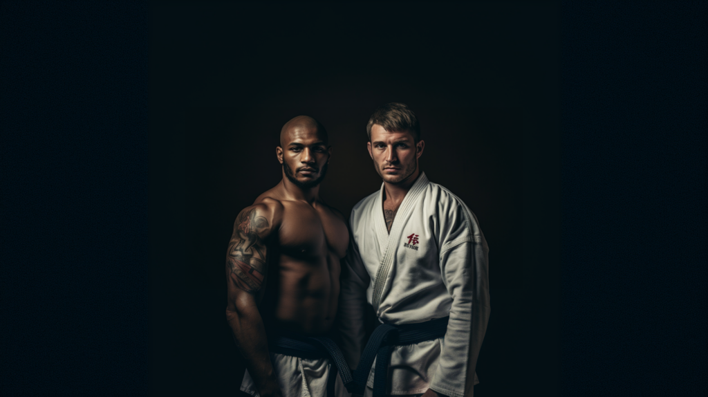 a boxer standing next to a bjj black belt