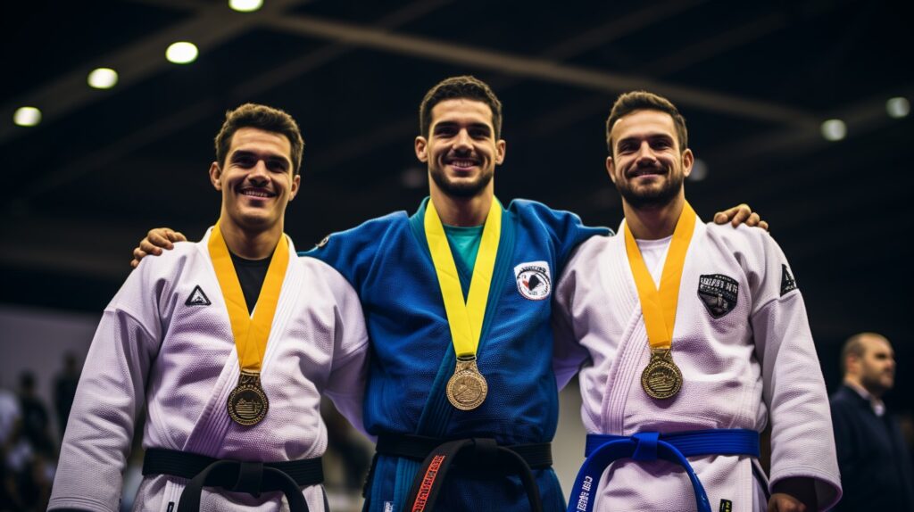 3 men on the podium at a BJJ Competition