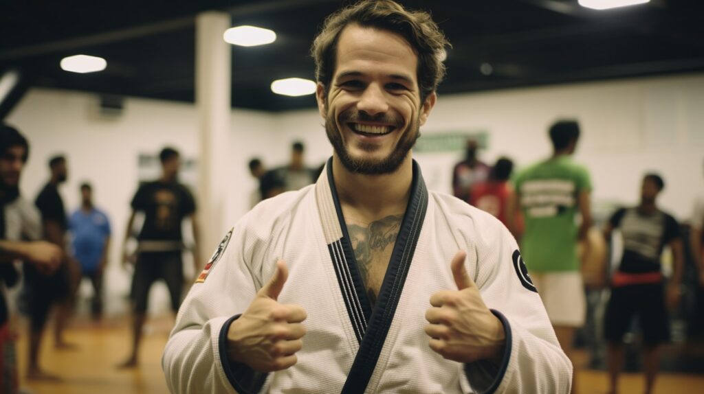 A man in a Bjj gi giving a thumbs up