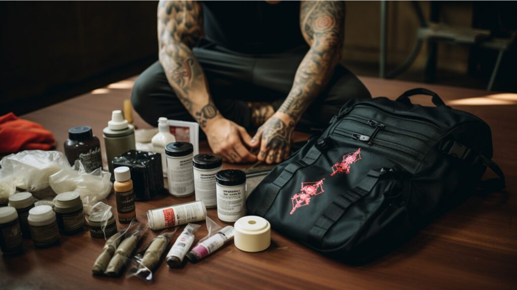 A man sat with tattoo aftercare products